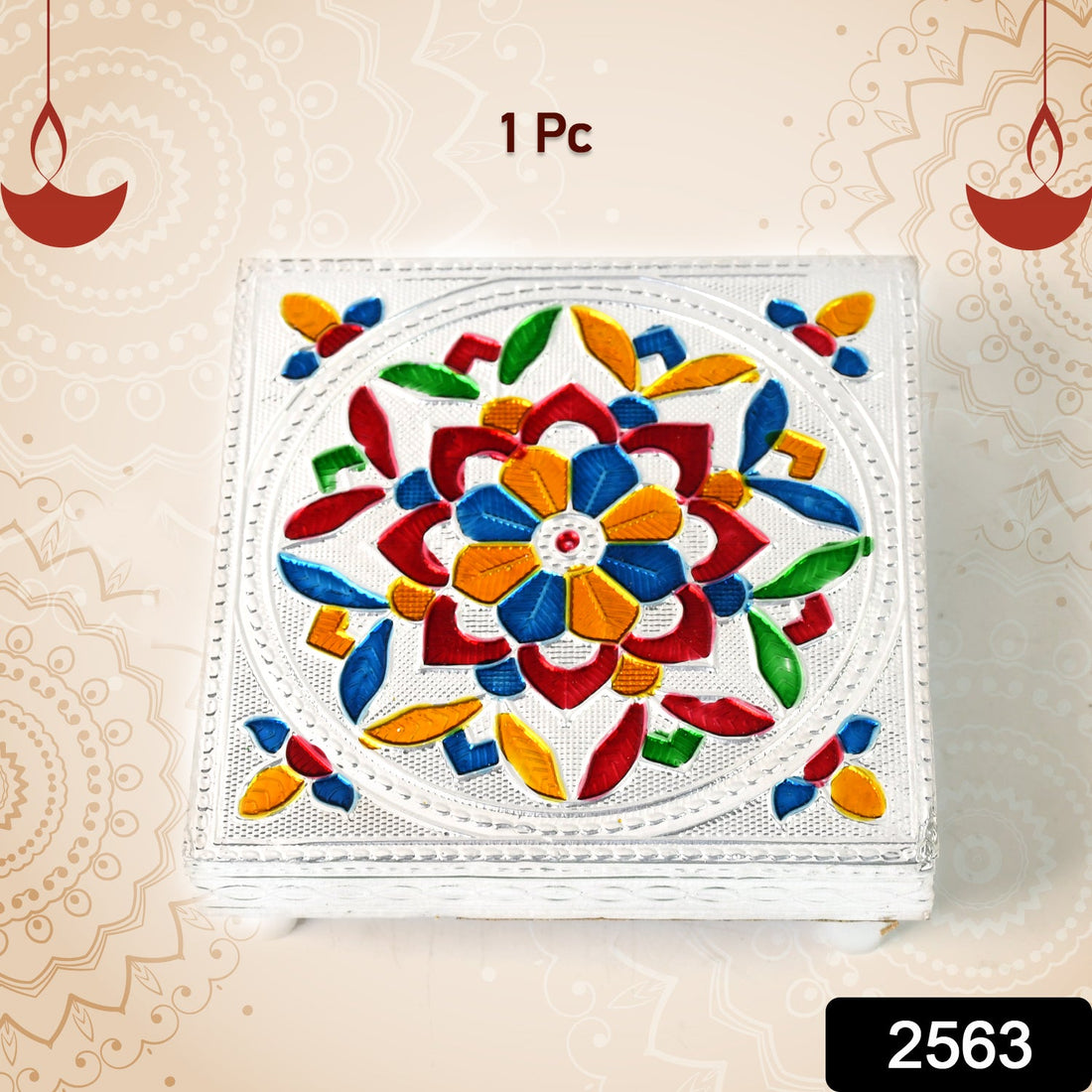 A vibrant multicolor Meenakari Wooden Chowki, intricately hand-painted, displayed on a clean background.