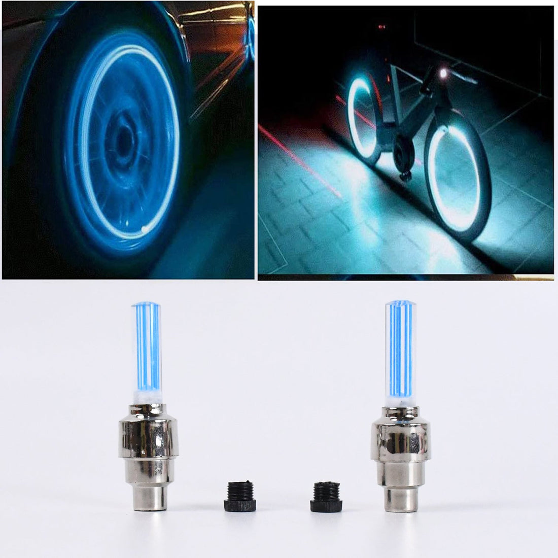 Motion-activated LED tyre valve caps illuminating a car tire at dusk.