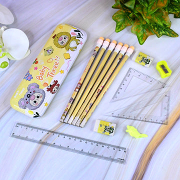 Complete geometry box set with metal pencil box and stationery tools