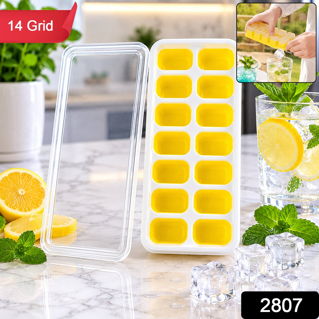 14 cavity ice cube tray with spill-proof lid for easy ice making