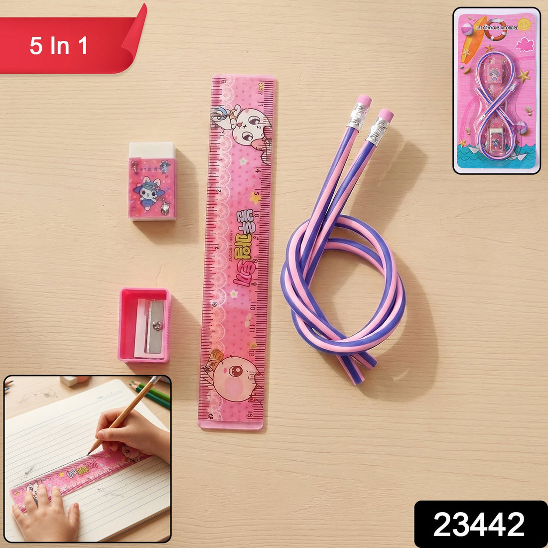Main view of kids school stationery kit with colorful cartoon design