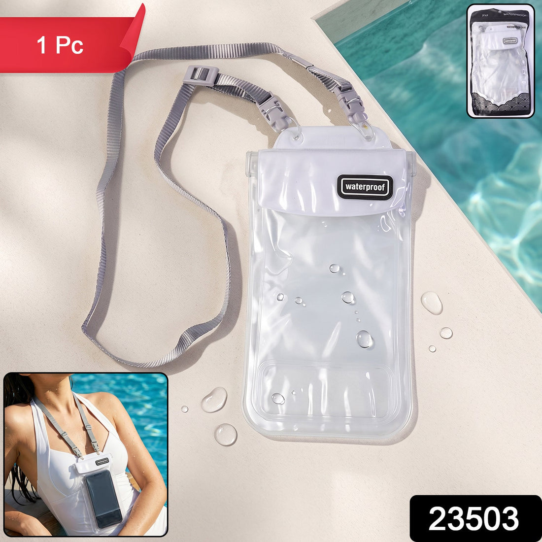 Main view of waterproof mobile pouch cover with lanyard