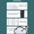 Four panels display features: a hanging hole, a double switch, indicator lights, and a brush cleaning the racket grid.