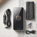 Portable air pump with charger cables, nozzles, and storage pouch