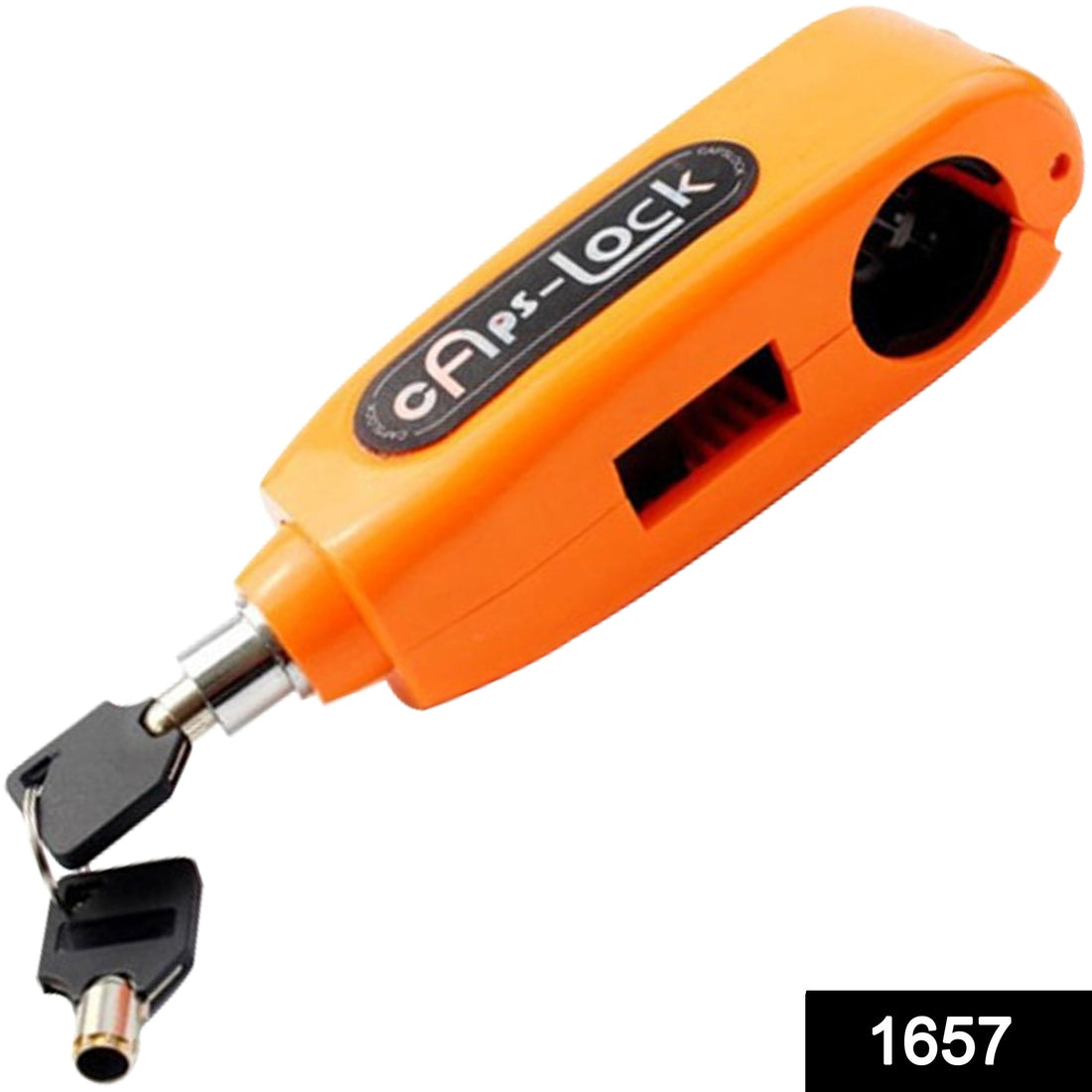 Heavy-duty bike brake lock securely attached to a motorcycle handlebar.