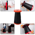 Multiple views of the retractable folding stool, highlighting its adjustable height mechanism.