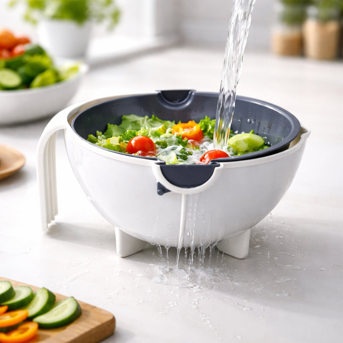 Vegetable washing bowl with built-in strainer and ergonomic handle