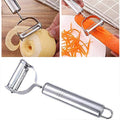Components of stainless steel 3-in-1 peeler set displayed for kitchen prep