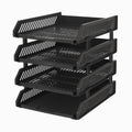 Side view of the four-layer desktop storage rack holding office files.