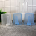 Stacked transparent water mugs, illustrating their space-saving design and mixed colour assortment.