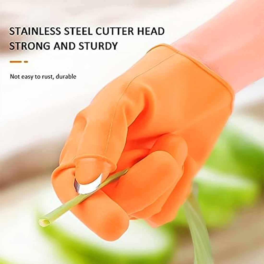 Close-up of a Right-Handed Thumb Cutter Glove showing its sharp stainless steel blade.