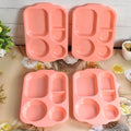 Top-down view of vibrant, multicolor 5-compartment food plates.