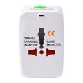 Close-up of universal travel adapter sockets and LED surge protection indicators