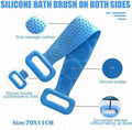 Person using the silicone back scrubber to reach difficult areas.