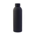 Black water bottle from stainless steel shown with close-up details