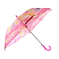 An open pink DrizzlePro umbrella with princess illustrations and a curved handle is isolated on a white background.