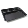Stackable design of plastic rectangular 4-compartment meal tray for easy storage.