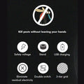 A black background with a 'no mosquito' icon and six feature icons: safety voltage, stand, USB charging, eliminate
