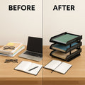 Organized office desk featuring the sleek multifunctional file rack.