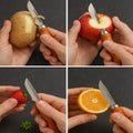 Multipurpose fruit and vegetable peeler with a comfortable wooden grip and sharp blade.