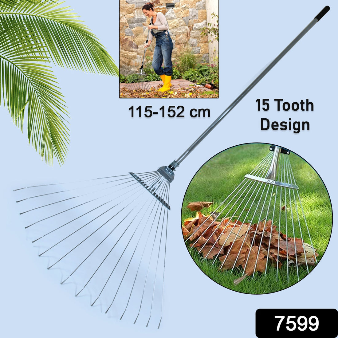 Full view of the adjustable stainless steel garden rake with its telescopic handle.