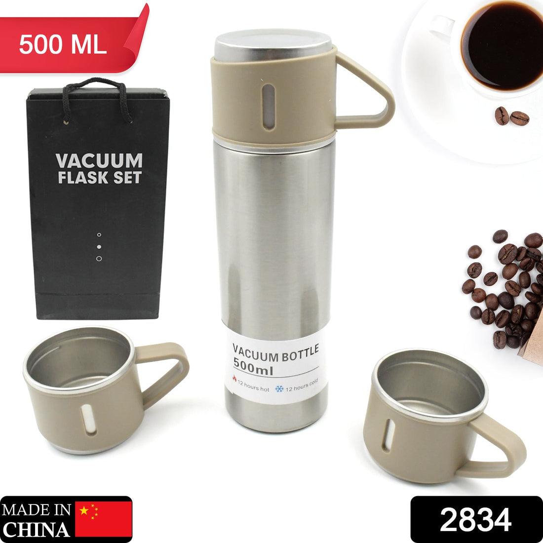 Stainless steel vacuum flask set 500ml with three steel cups included