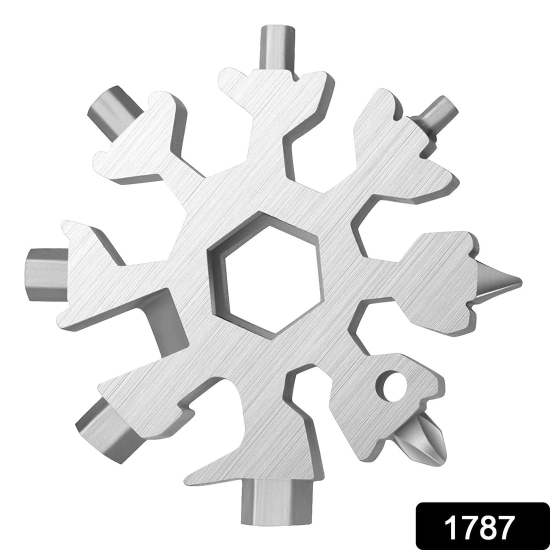 Compact stainless steel Snowflake Multi-Tool, showcasing its 18 functions.