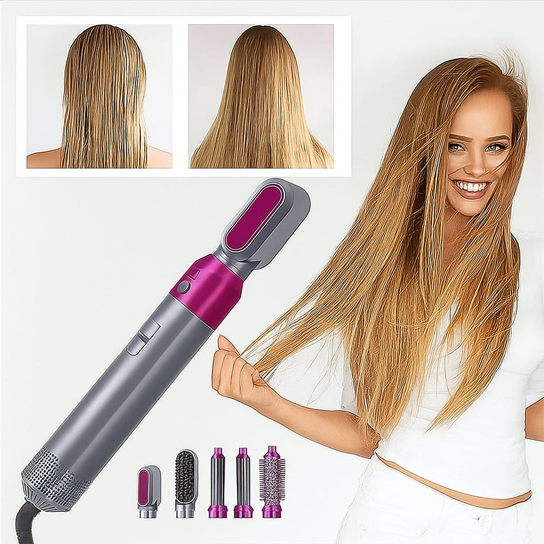 5 In 1 Hair Dryer Brush with Style Aura attachment for versatile styling