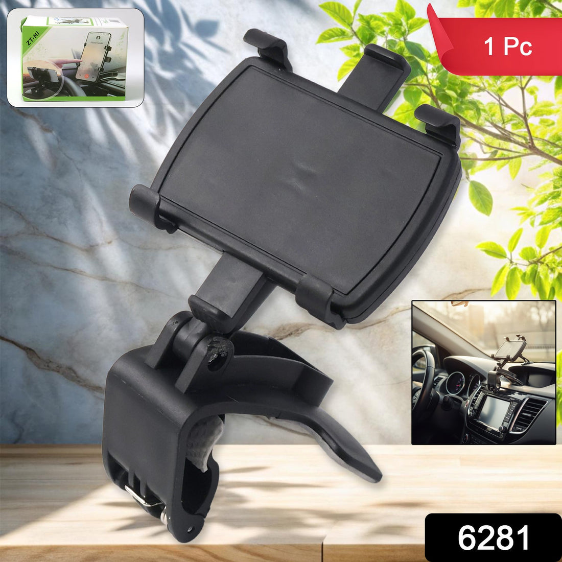 360-degree rotating car mobile phone holder securely mounted on dashboard