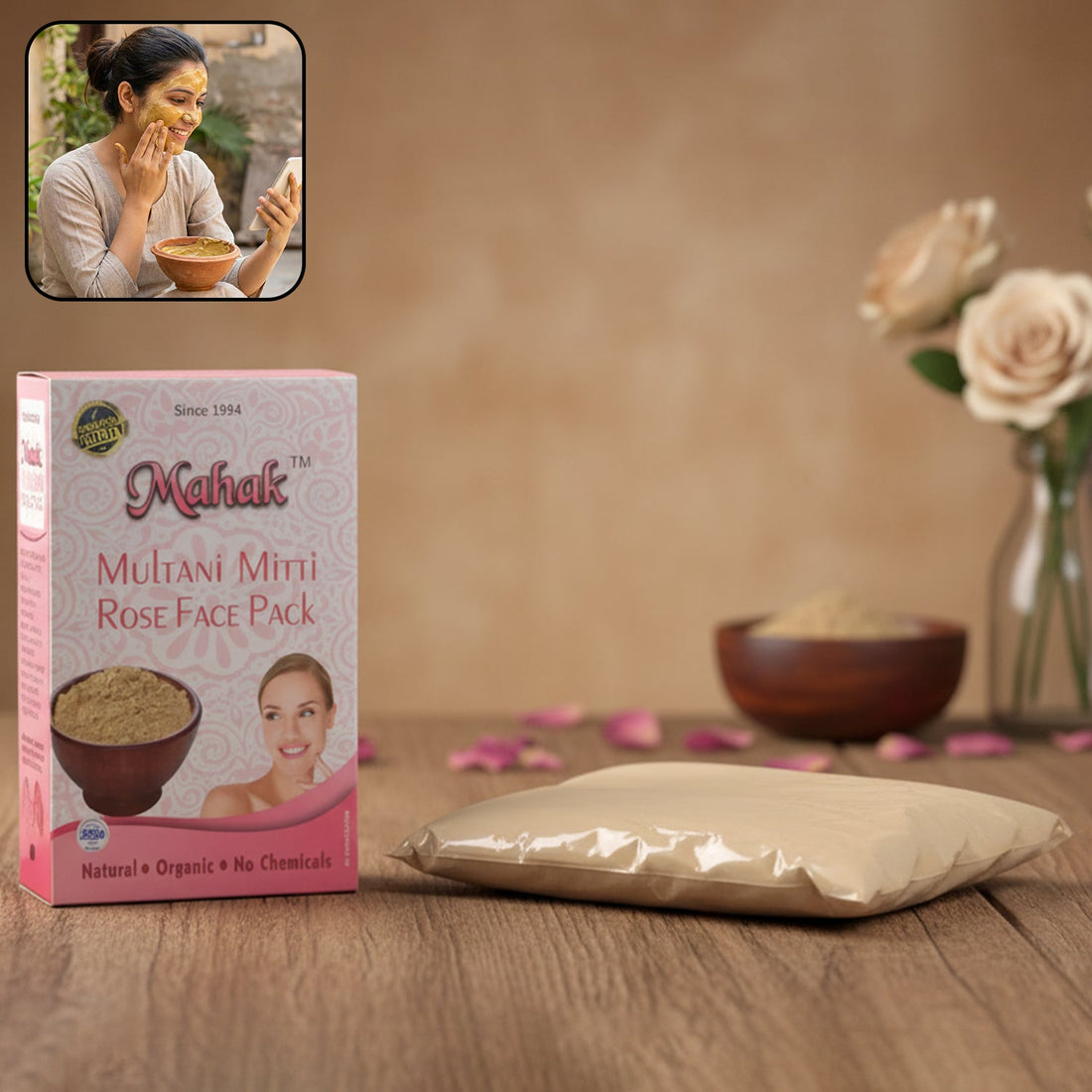 Multani Mitti and Rose herbal face pack for deep cleansing and refreshment