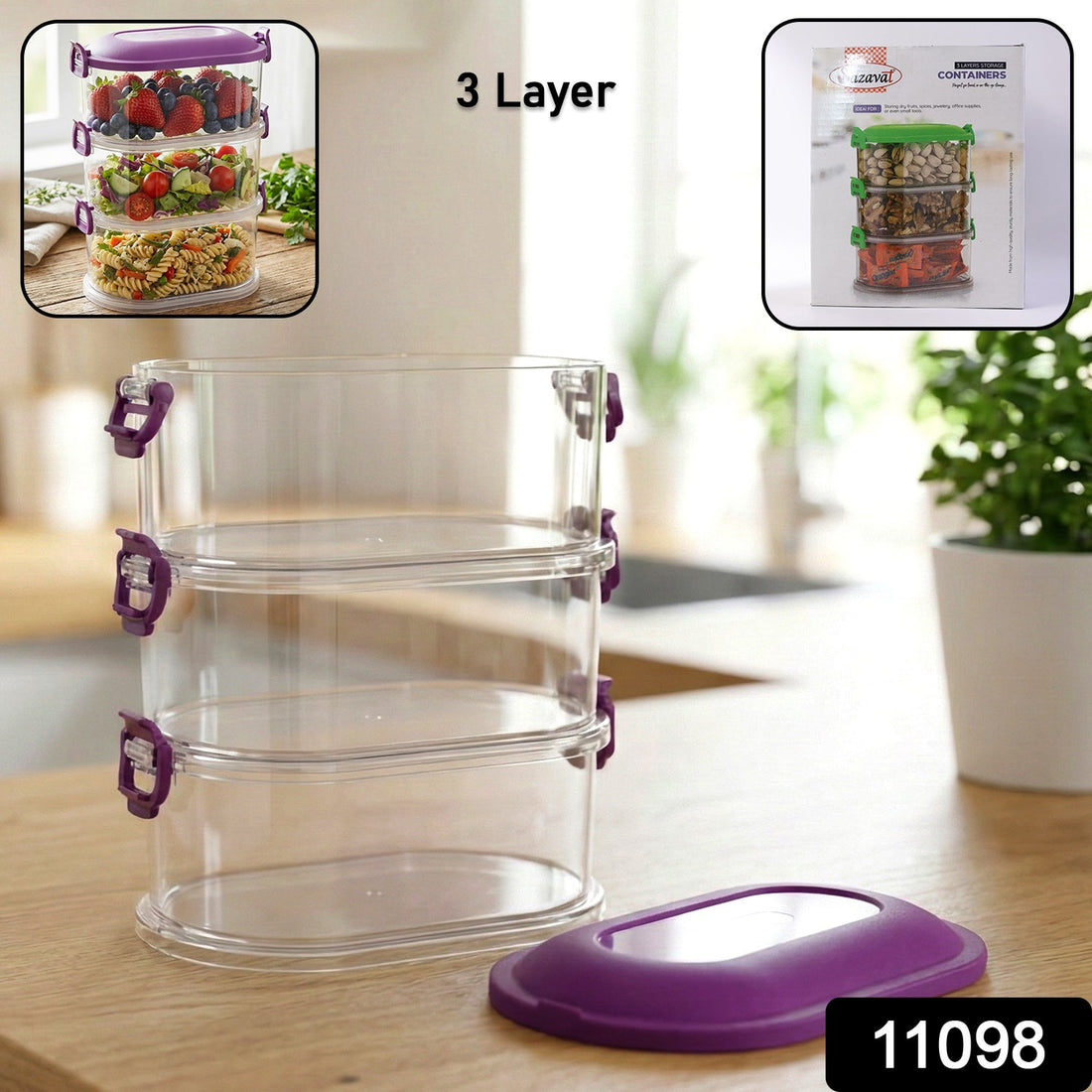 Airtight 3-layer stackable food storage container set in kitchen