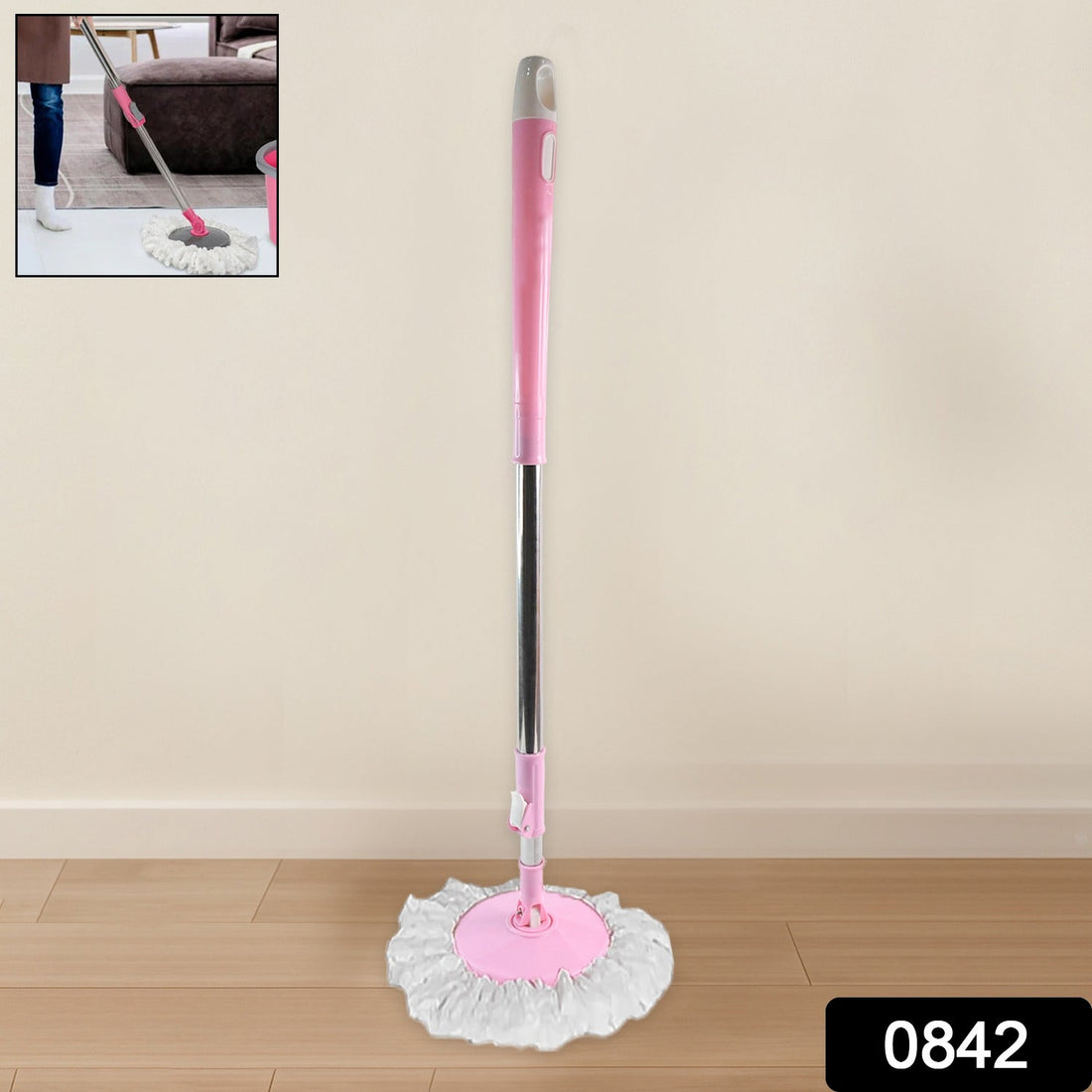 Velvet Wipe 360° Spin Mop with stainless steel rod and microfiber head.