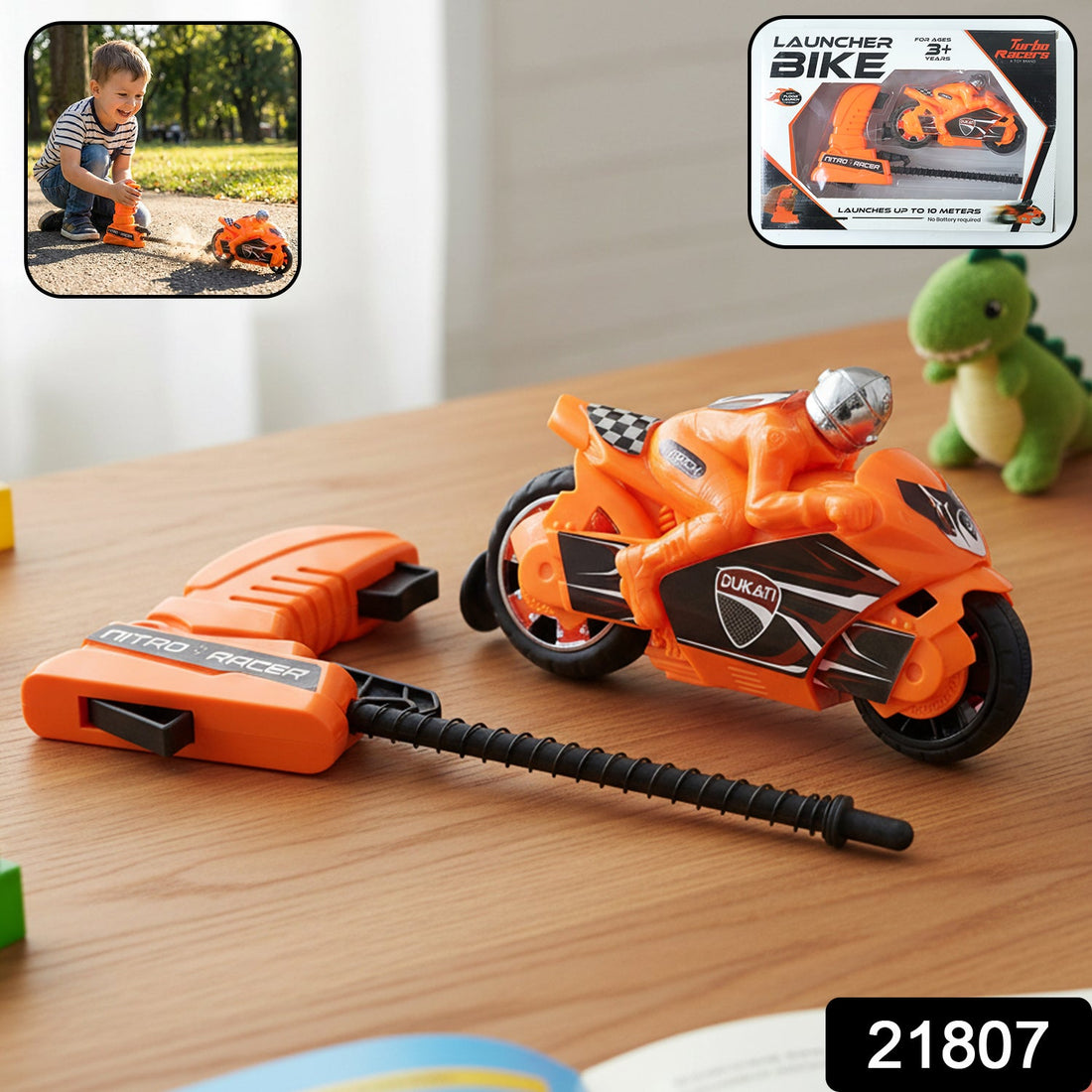 Red launcher racing bike toy for kids with manual pull mechanism