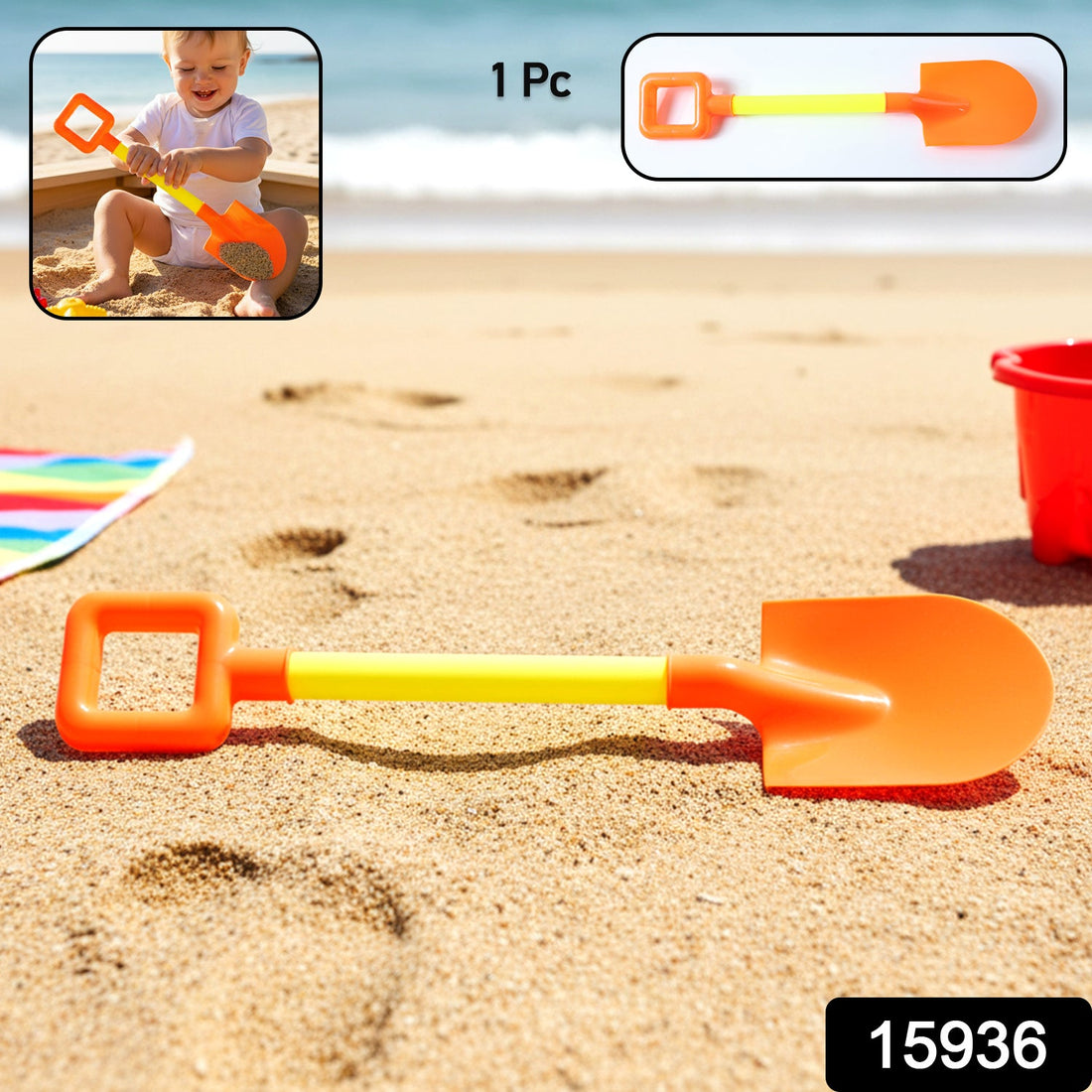 Kids beach sand shovel with wide scoop lying on sandy surface