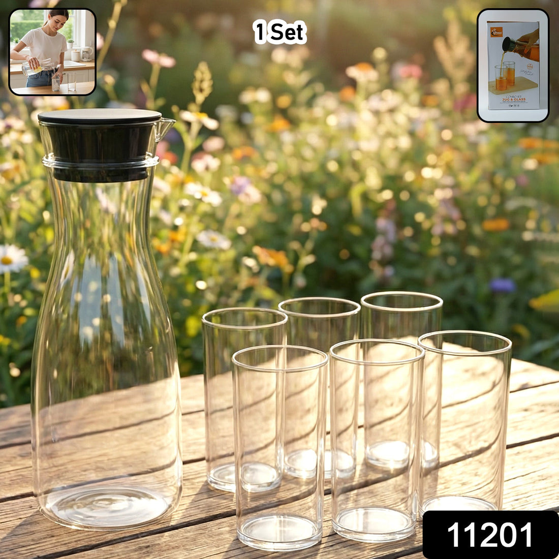 Plastic water jug with 6 glasses, transparent drinkware set for home