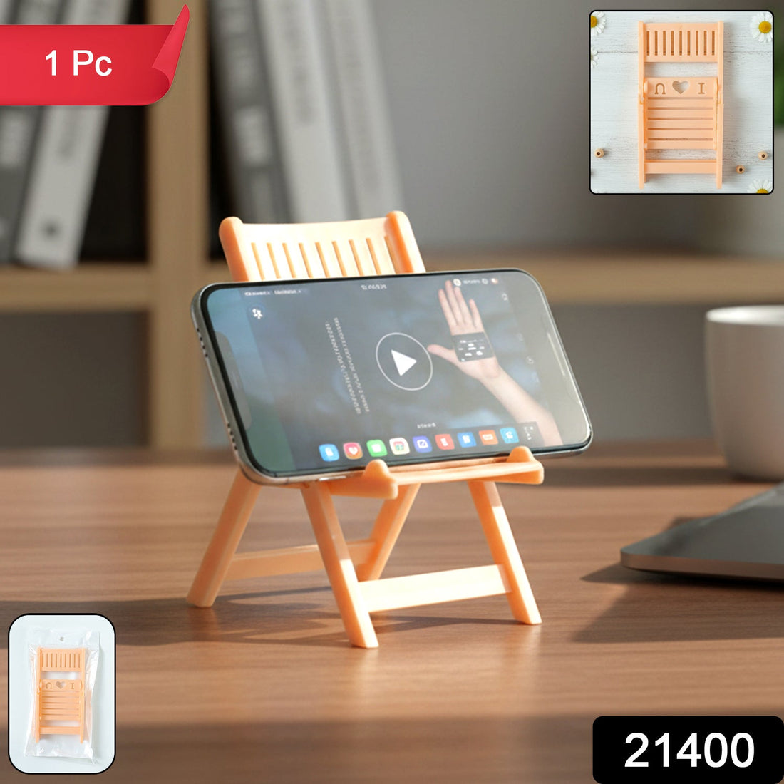 Mini chair shaped mobile stand holder in peach color placed on a table