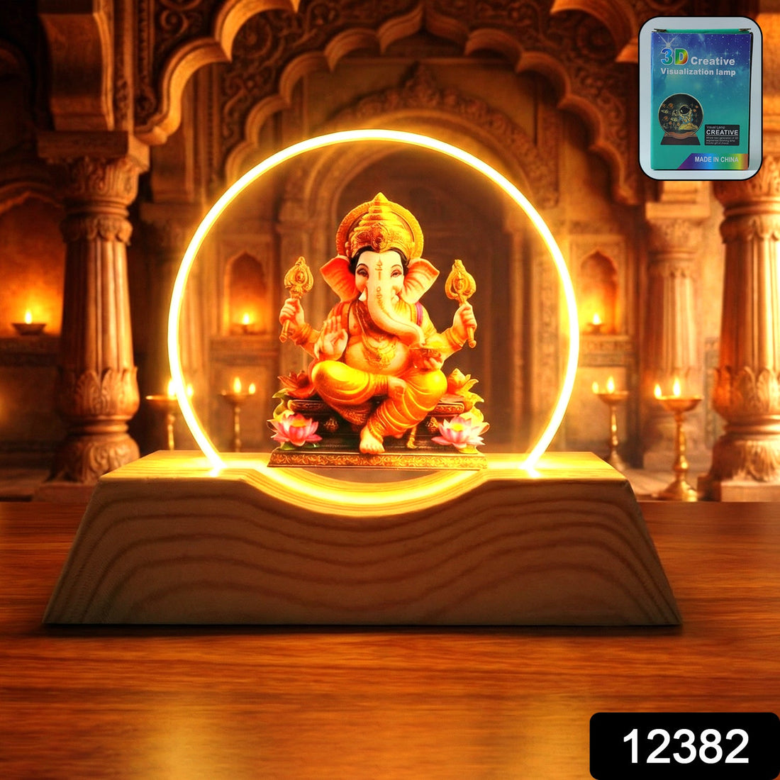 3D Lord Ganesha acrylic LED night lamp with wooden base on table
