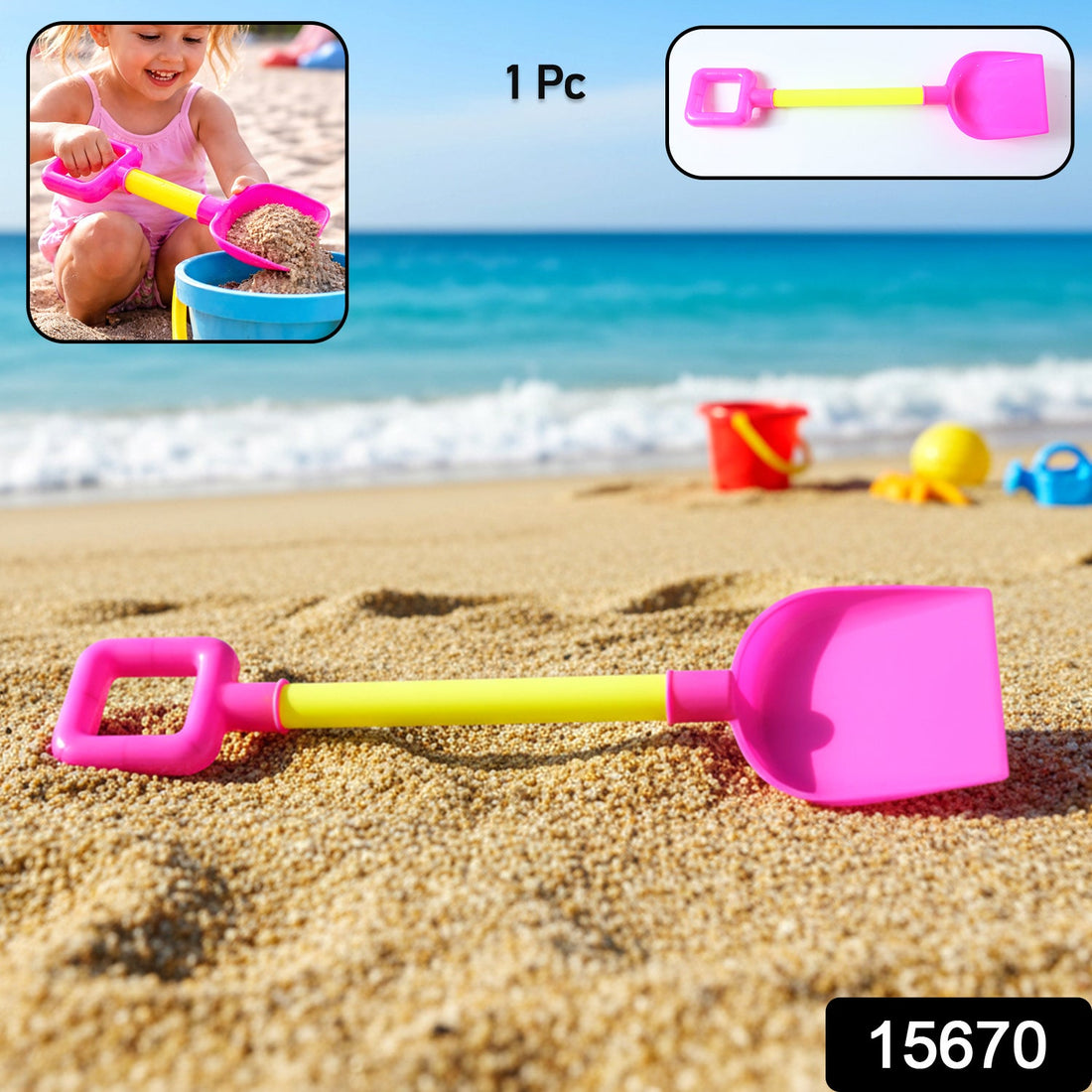 Kids beach sand shovel toy with bright colors on white background