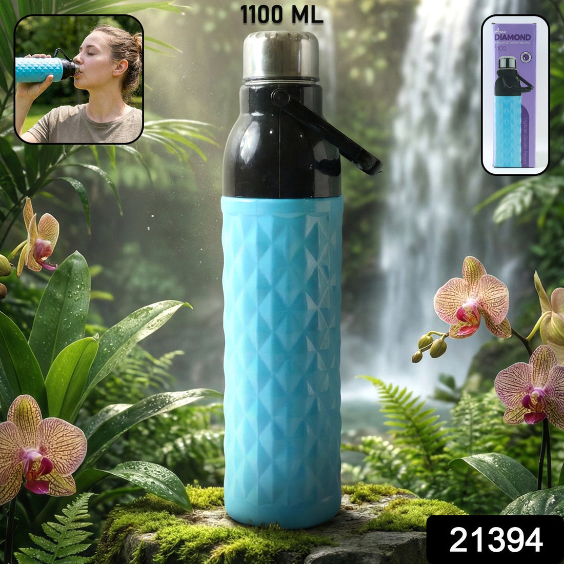 1100 ML diamond texture sports water bottle with secure cap and carry strap