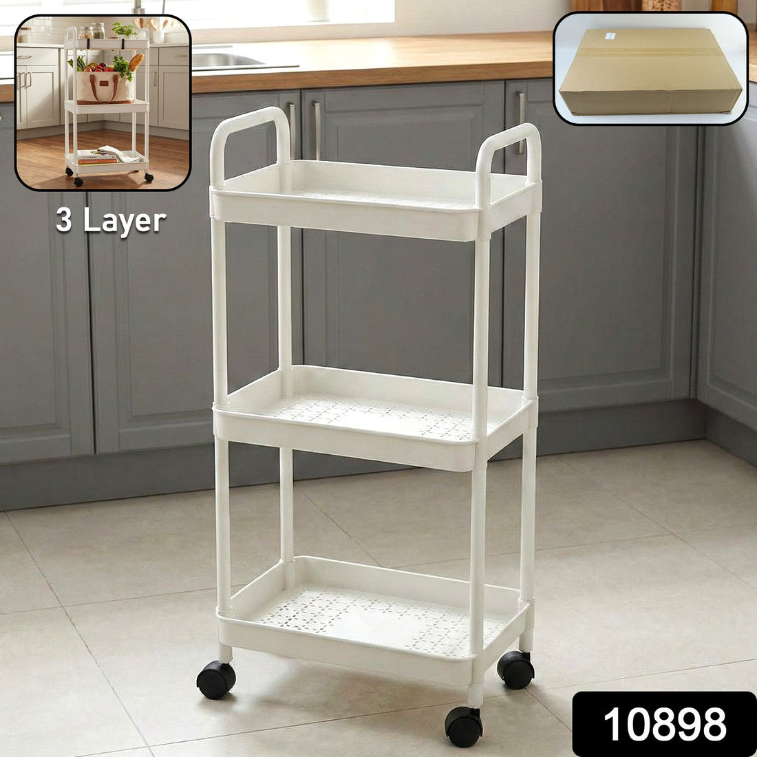 3 layer rolling storage trolley with shelves for kitchen and bathroom organization