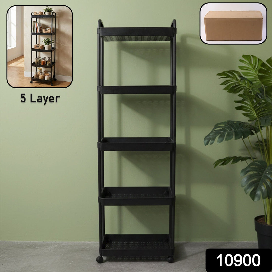 5 Layer rolling storage rack with open shelves and wheels for home organization