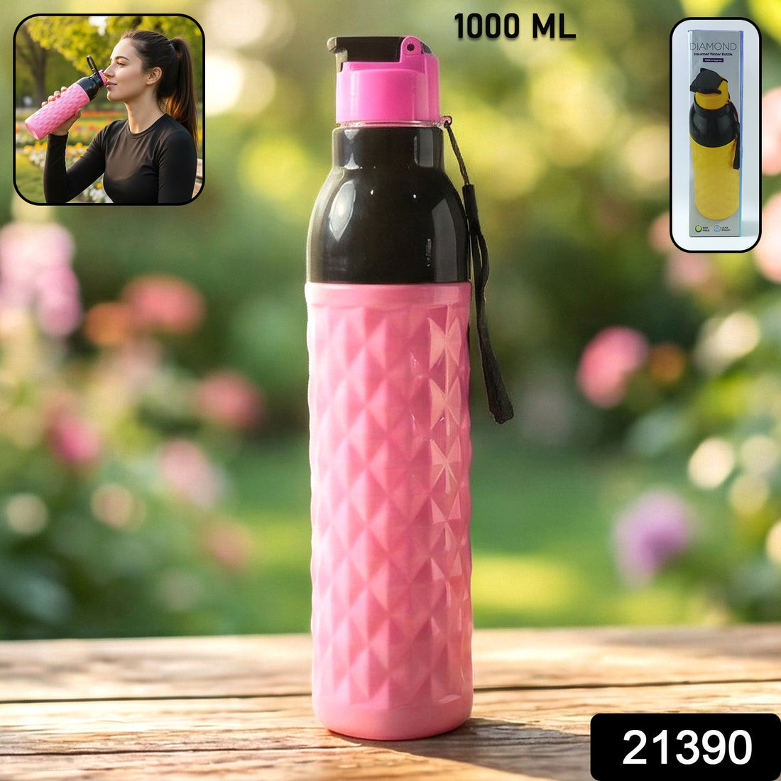 1000ML plastic water bottle with leakproof diamond pattern front view