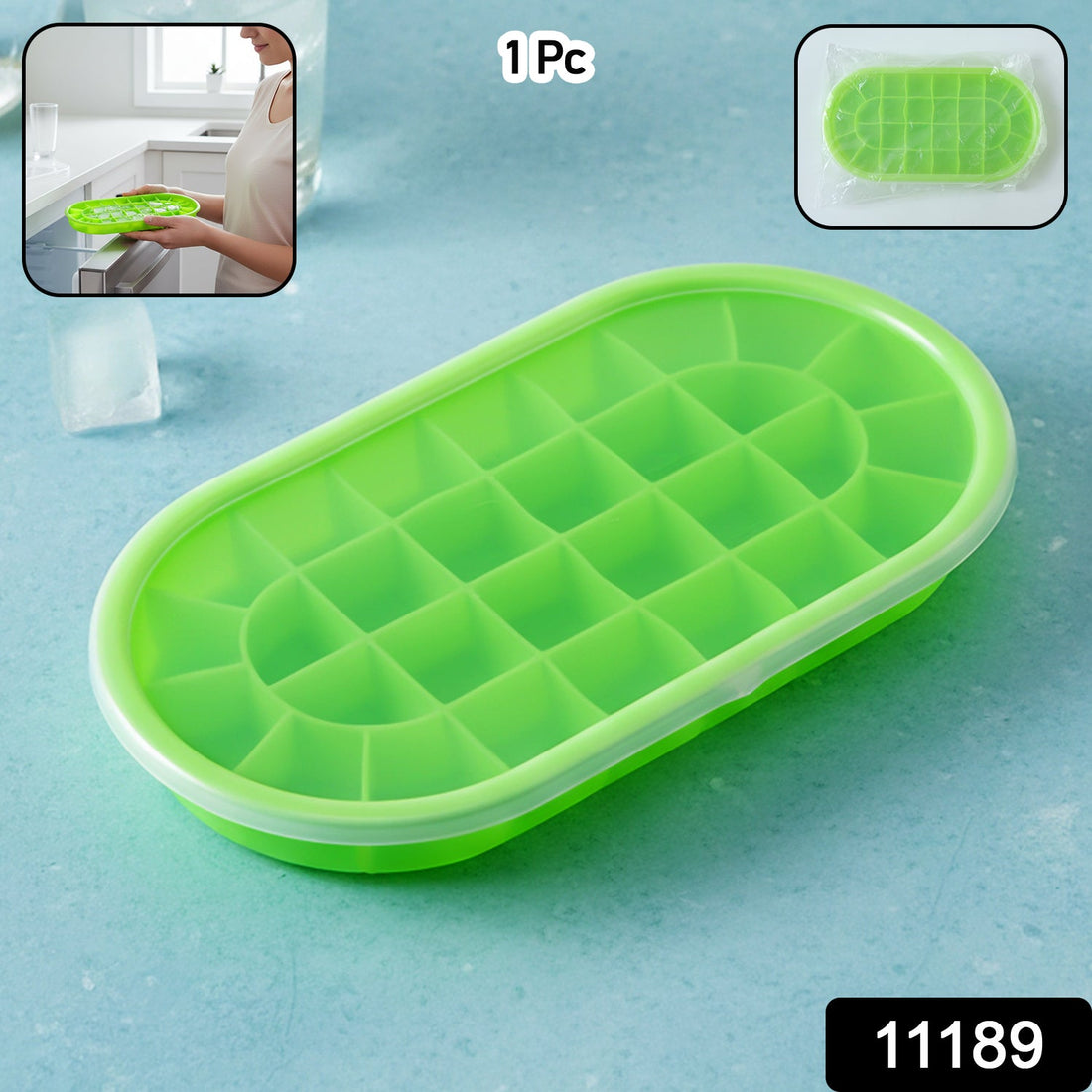 Oval silicone ice cube tray with lid for easy, odor-free freezing