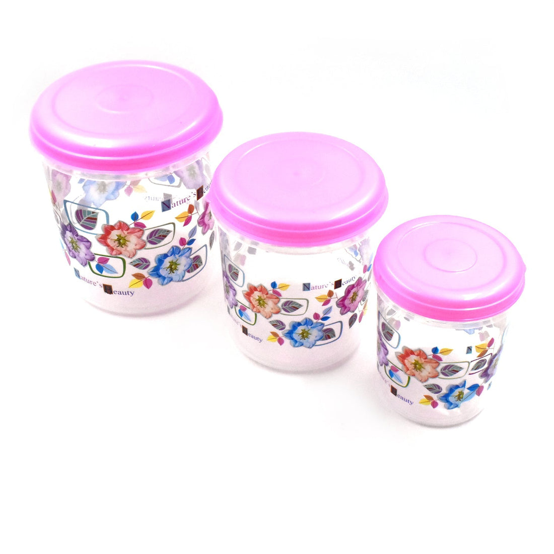 Three plastic storage containers, ideal for organizing items in a home or office setting.