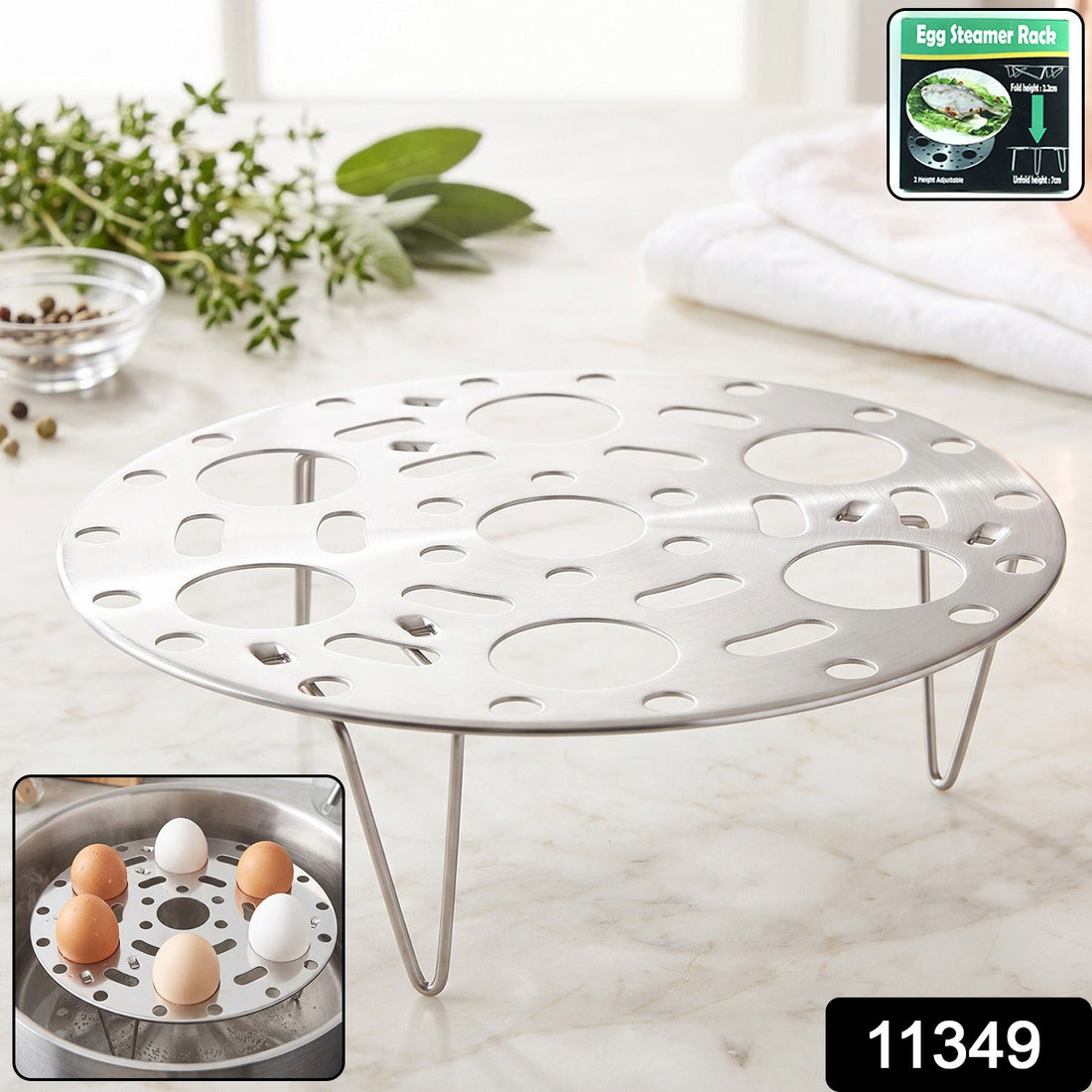 Stainless steel round egg steamer rack and folding trivet stand for pot (1 pc)