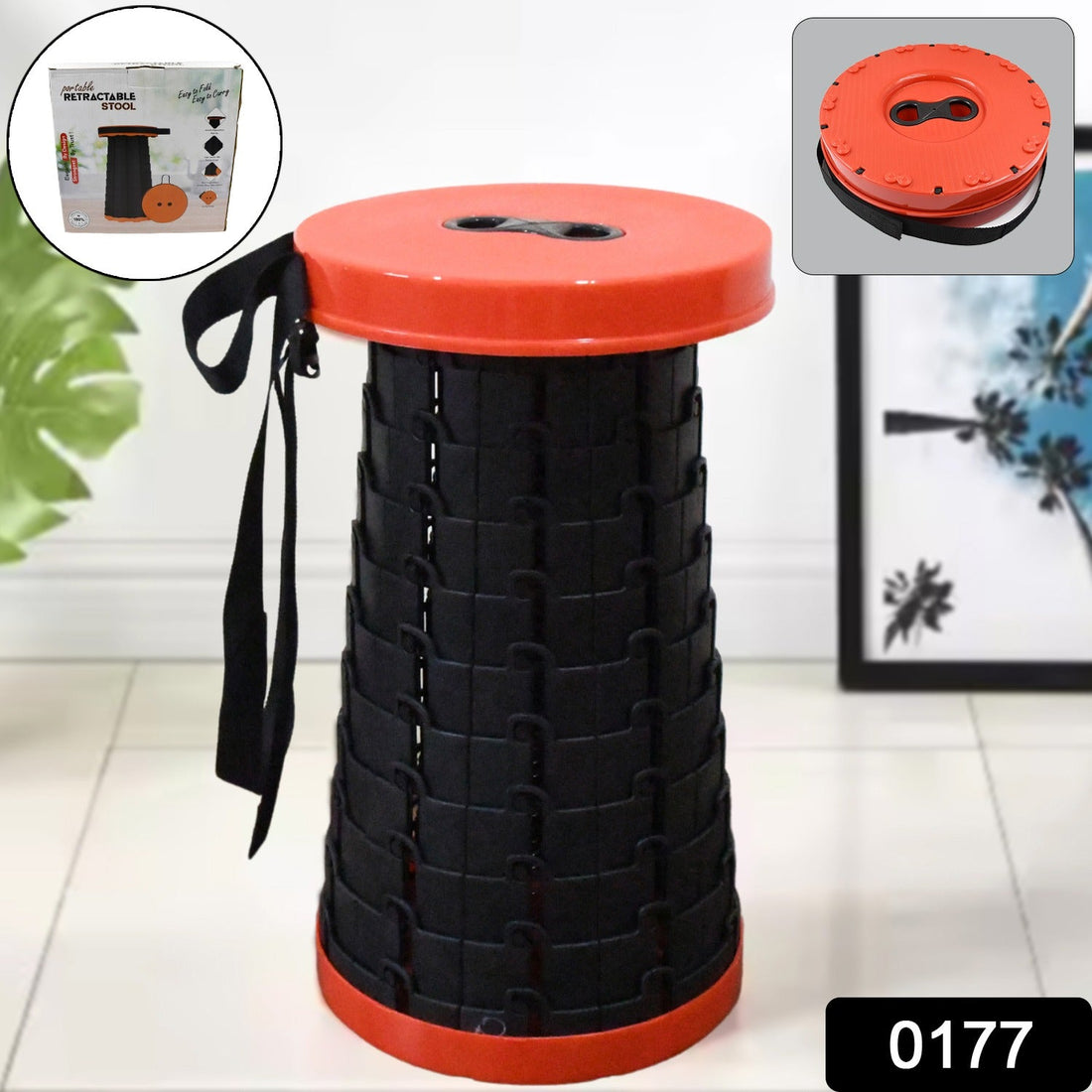 Retractable folding stool in its compact, collapsed form, showcasing its portability.