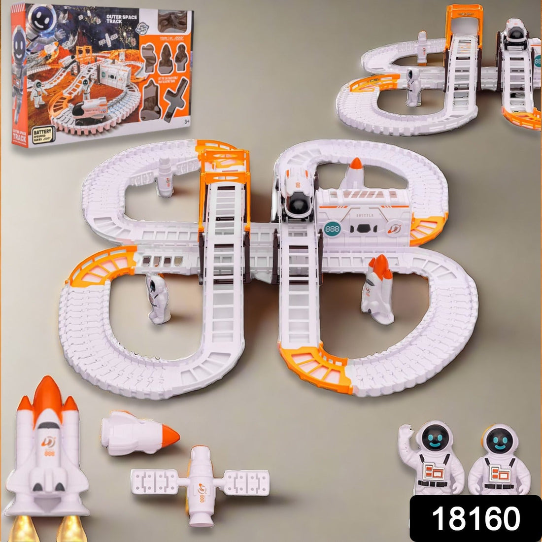Kids playing with a vibrant Space Race Track Set and astronaut figures.