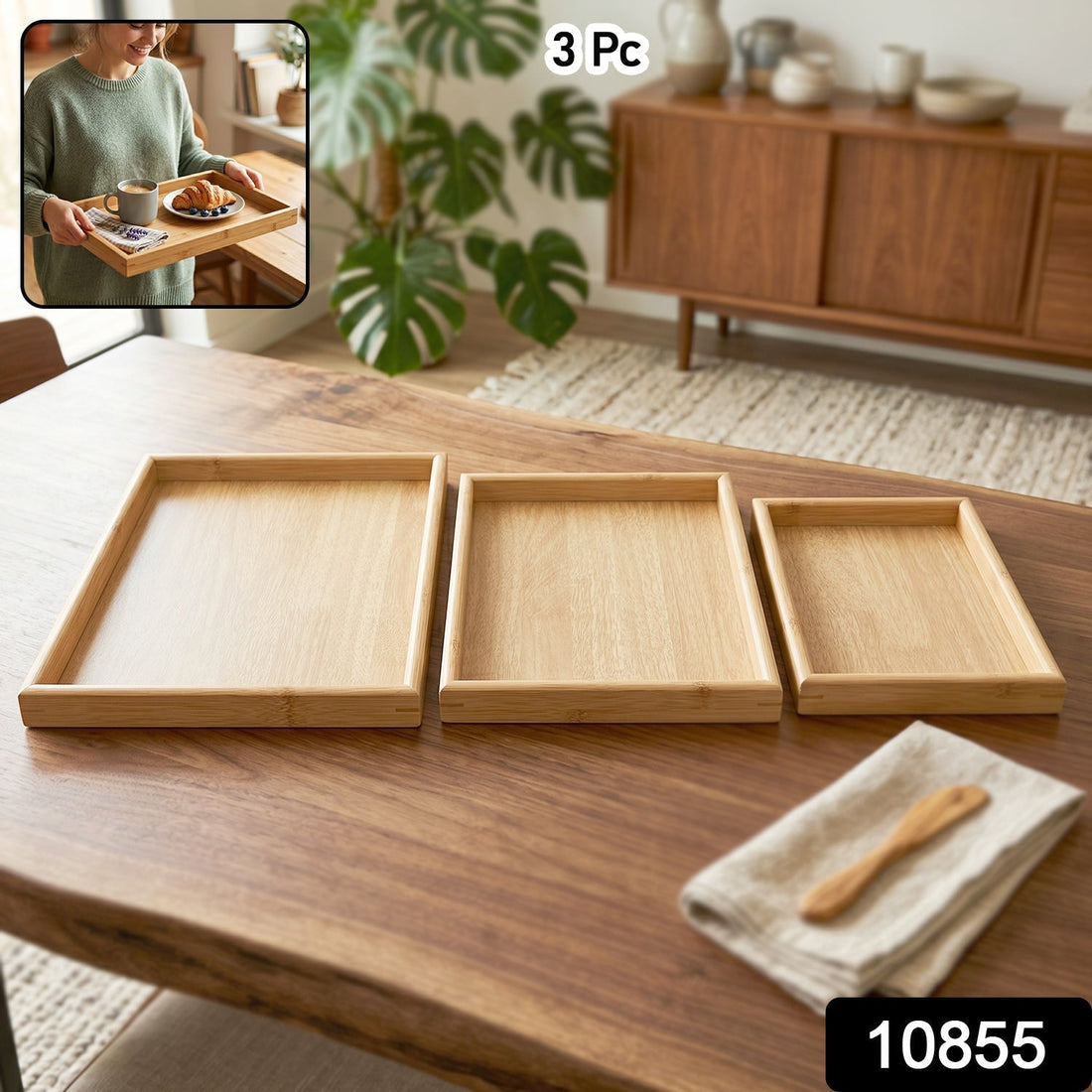 Wooden finish multipurpose serving tray set in 3 sizes