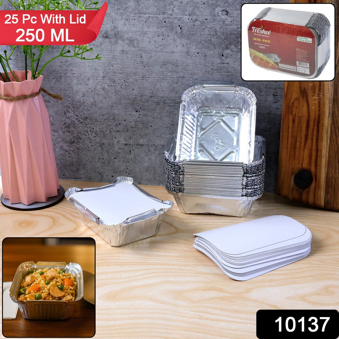 250 ml disposable aluminium food container with lid showing silver foil tray
