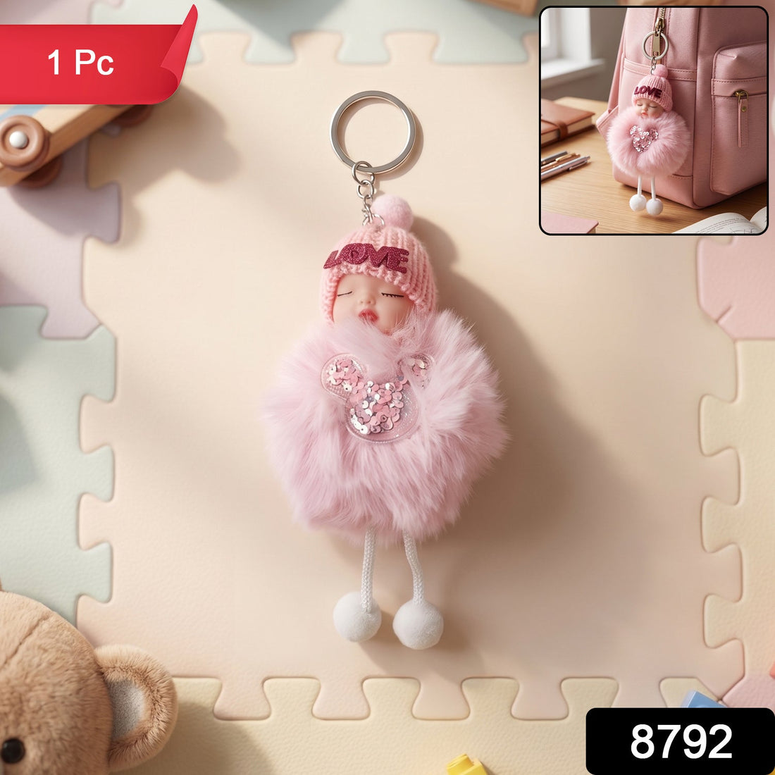 Plush doll keychain with cute sleeping face and soft fur ball attached on metal ring
